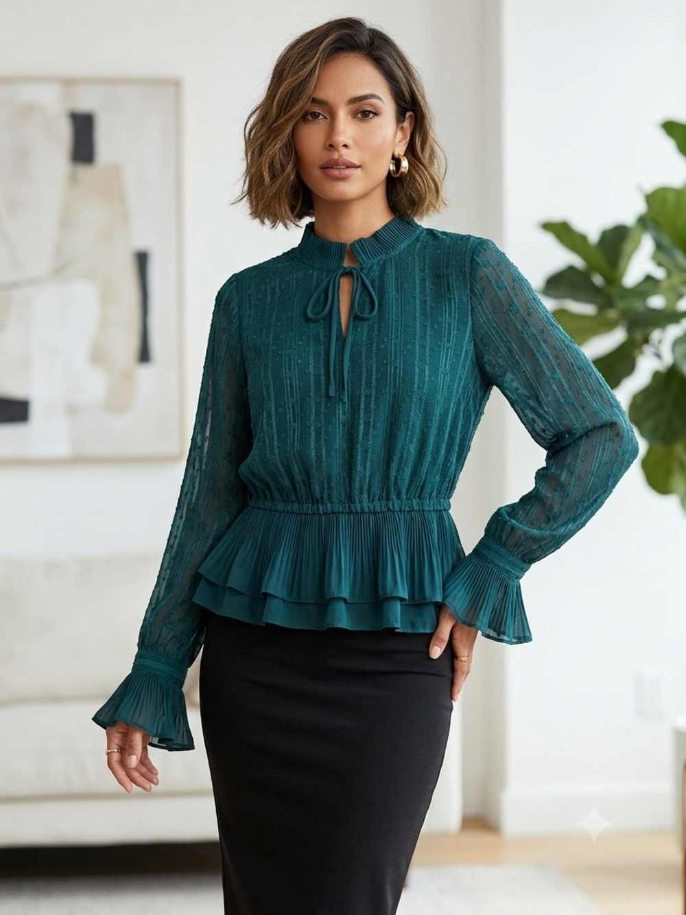 Pleated Peplum Tie-Neck Blouse in Teal